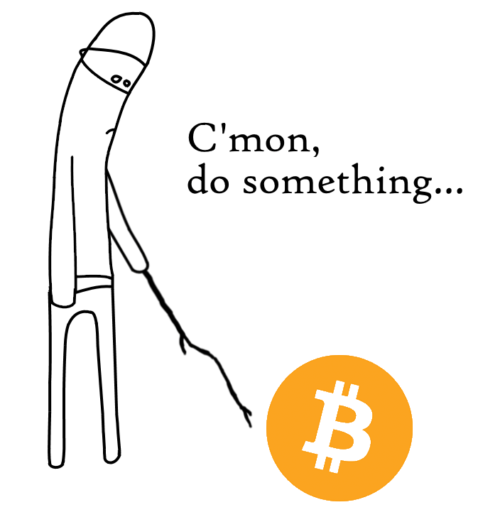 cartoon of a person poking a stick at the bitcoin logo and saying 'cmon, do something.' does anybody read alt text?