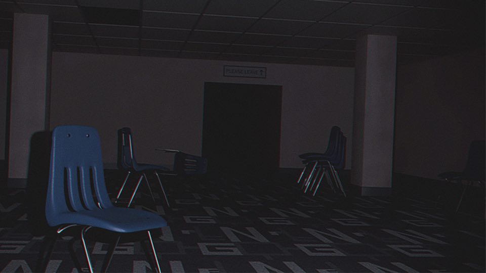 Stackable chairs in dark room. A small sign over the doorway says 'please leave'.