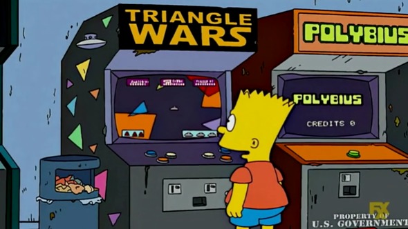 Bart Simpson standing near a Polybius arcade cabinet
