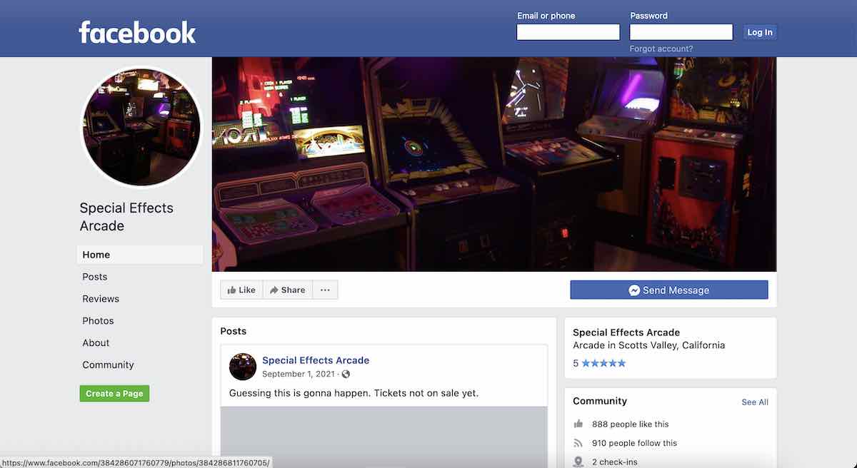 Screenshot of the Special Effects Arcade Facebook page